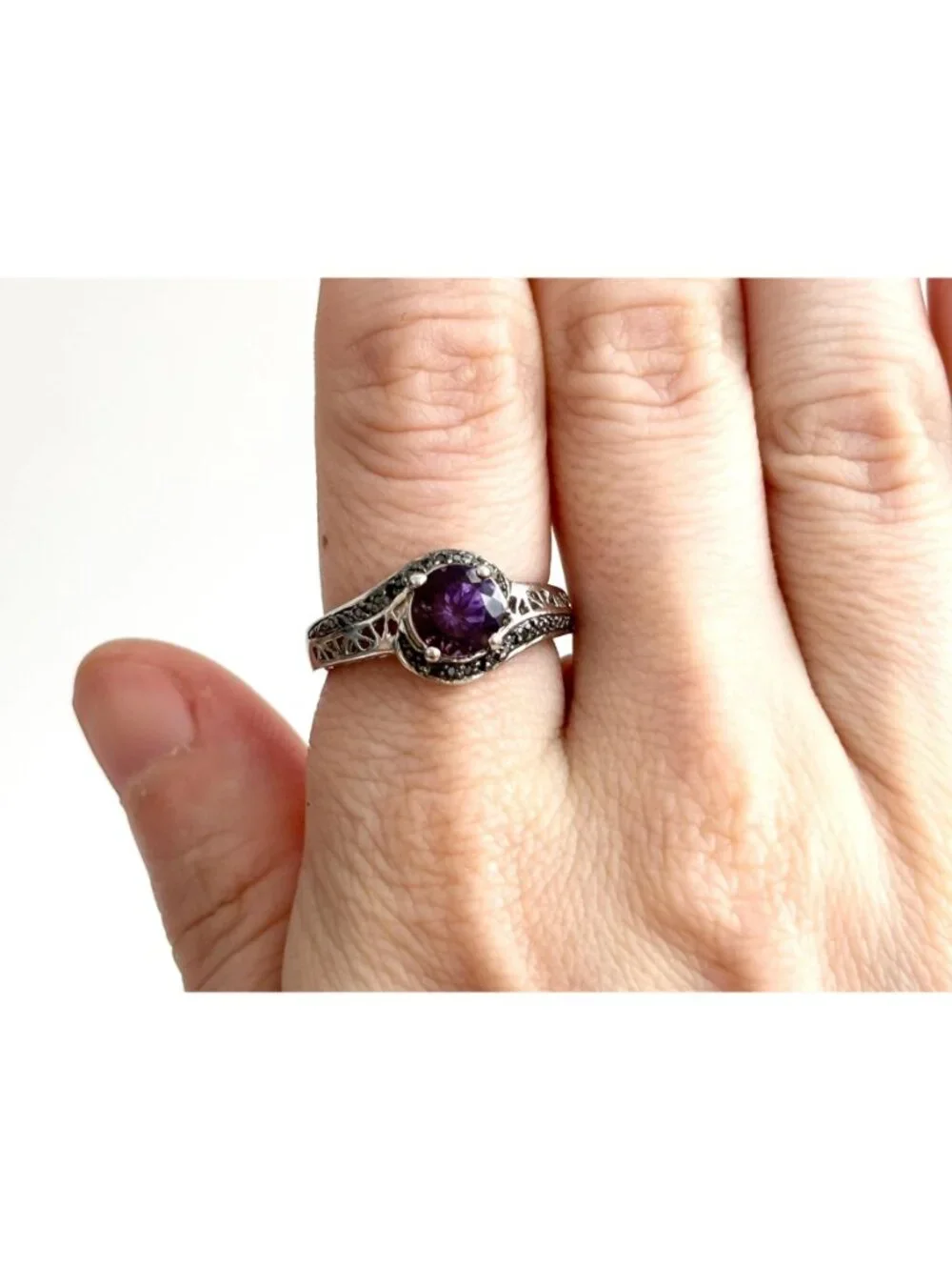 Thai Made Amethyst & Black Spinel Sterling Silver 925 Vintage Ring - sz 7.75